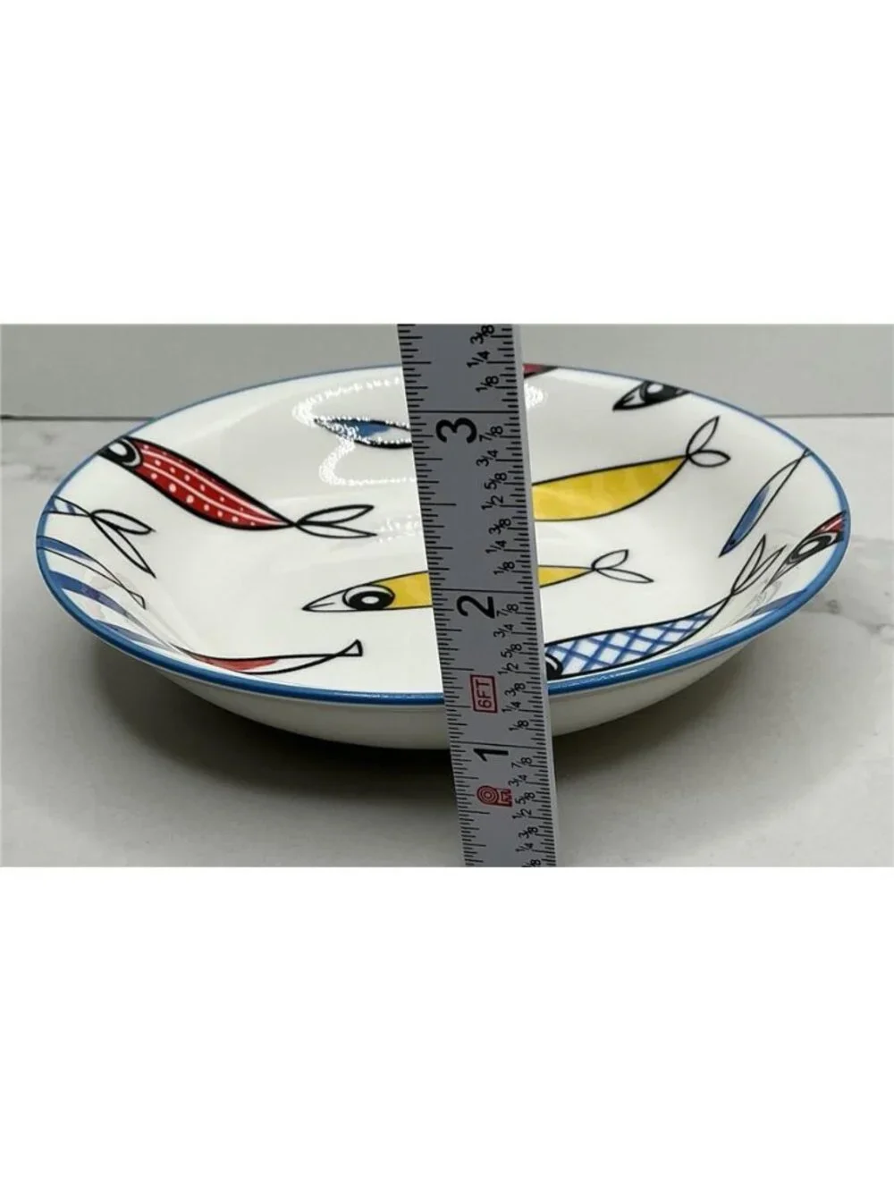 2 Signature Housewares Cat Bowl Fish School 6” Stoneware Blue Yellow Red New